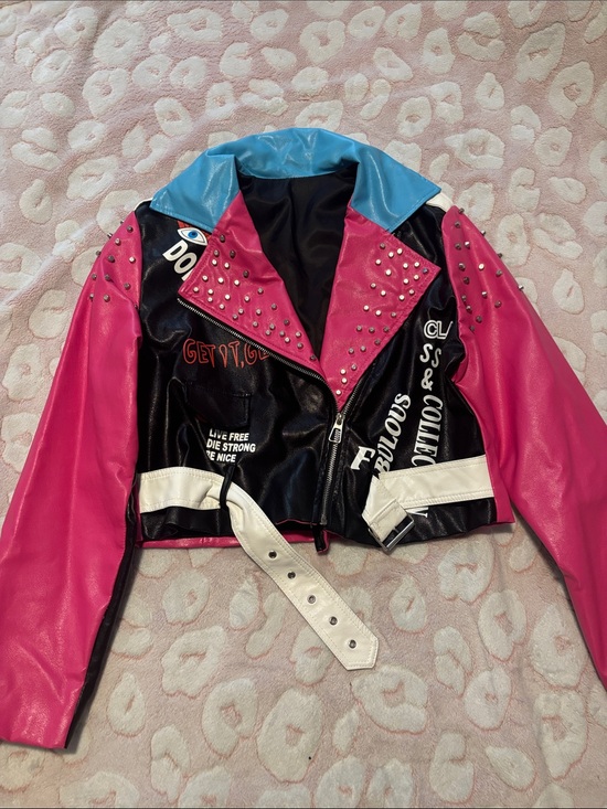 Jackets & Blazers - Pink & Black Studded Faux Leather Jacket with Blue Collar